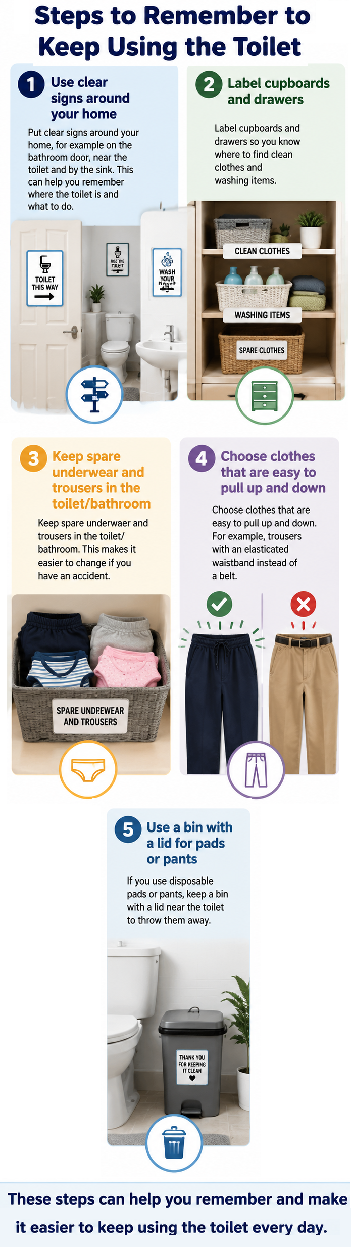 Steps to remember to keep using the toilet